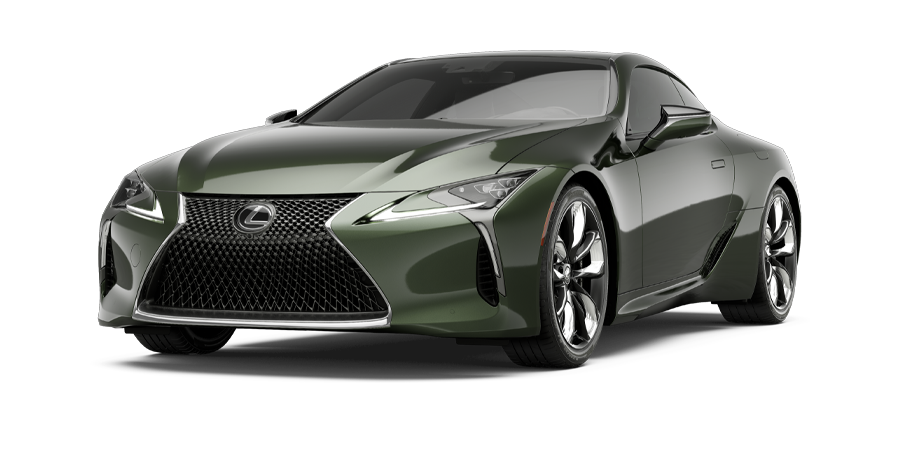 The Lexus LC shown in Nori Green Pearl on a coastal highway background.